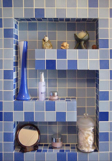 Glass mosaic tile installed in a bath